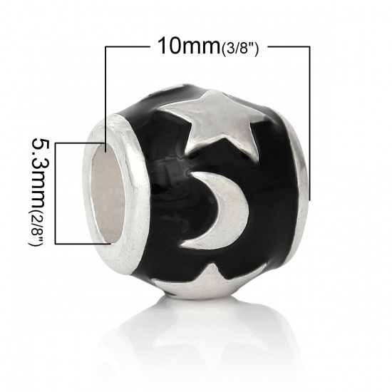 Picture of Zinc Metal Alloy European Style Large Hole Charm Beads Barrel Silver Plated Moon Star Carved Black Enamel About 12.0mm( 4/8") Dia, Hole: Approx 5.3mm, 10 PCs