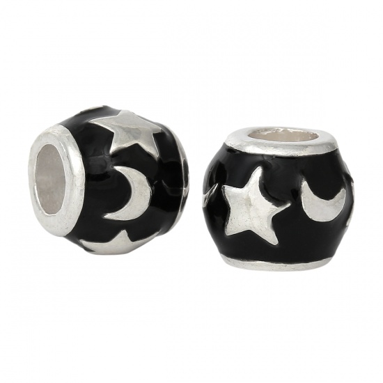 Picture of Zinc Metal Alloy European Style Large Hole Charm Beads Barrel Silver Plated Moon Star Carved Black Enamel About 12.0mm( 4/8") Dia, Hole: Approx 5.3mm, 10 PCs