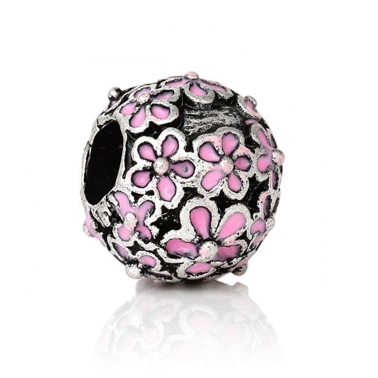 Picture of Zinc Metal Alloy European Style Large Hole Charm Beads Round Antique Silver Flower Pattern Pink Enamel About 12mm Dia, Hole: Approx 5mm, 10 PCs