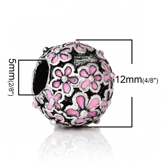 Picture of Zinc Metal Alloy European Style Large Hole Charm Beads Round Antique Silver Flower Pattern Pink Enamel About 12mm Dia, Hole: Approx 5mm, 10 PCs
