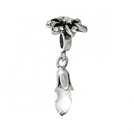 Picture of Glass European Style Large Hole Charm Dangle Beads Teardrop Antique Silver Flower Pattern Clear Rhinestone Faceted 34mm x 15mm, 10 PCs