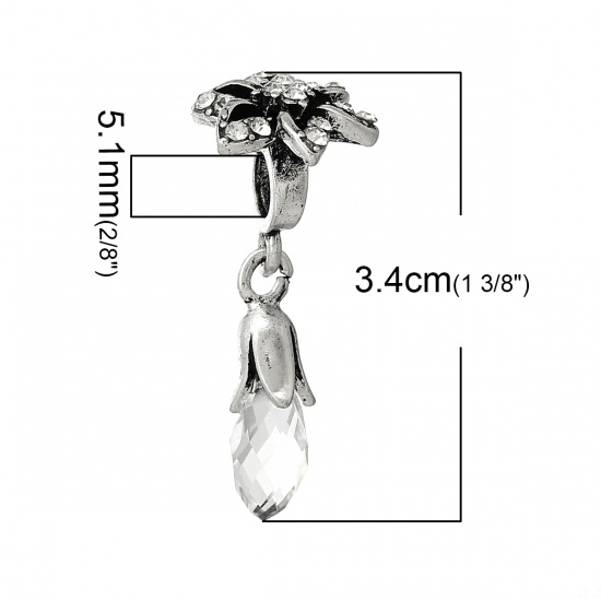 Picture of Glass European Style Large Hole Charm Dangle Beads Teardrop Antique Silver Flower Pattern Clear Rhinestone Faceted 34mm x 15mm, 10 PCs