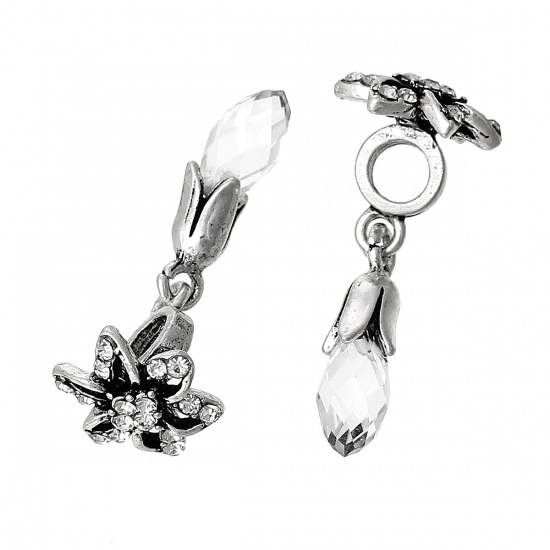 Picture of Glass European Style Large Hole Charm Dangle Beads Teardrop Antique Silver Flower Pattern Clear Rhinestone Faceted 34mm x 15mm, 10 PCs