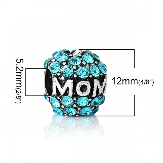 Picture of Zinc Metal Alloy European Style Large Hole Charm Beads Apple Antique Silver Message "MOM" Carved Blue Rhinestone About 12mm x 11mm, Hole: Approx 5.2mm, 5 PCs