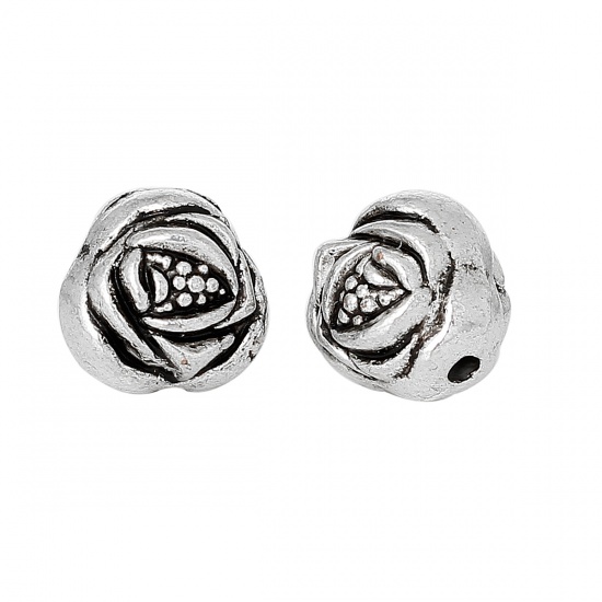 Picture of Zinc Based Alloy Beads Rose Flower Antique Silver About 10mm x 9mm, Hole:Approx 1.7mm, 50 PCs