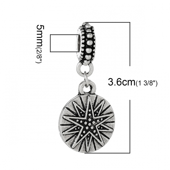 Picture of European Style Large Hole Charm Dangle Beads Round Antique Silver Star Pattern 36mm(1 3/8") x 16mm( 5/8"), 20 PCs