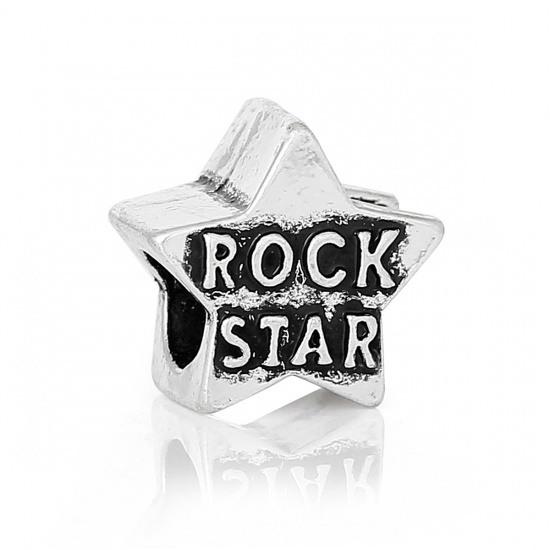 Immagine di Lega di Zinco Stile EuropeoFascino Perline Stella Argento Antico Lettere Scolpito " Rock Star Intagliato Circa 12mm x 12mm, Foro: Circa 5.2mm, 20 Pz