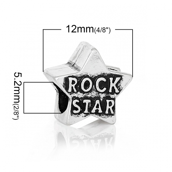 Immagine di Lega di Zinco Stile EuropeoFascino Perline Stella Argento Antico Lettere Scolpito " Rock Star Intagliato Circa 12mm x 12mm, Foro: Circa 5.2mm, 20 Pz