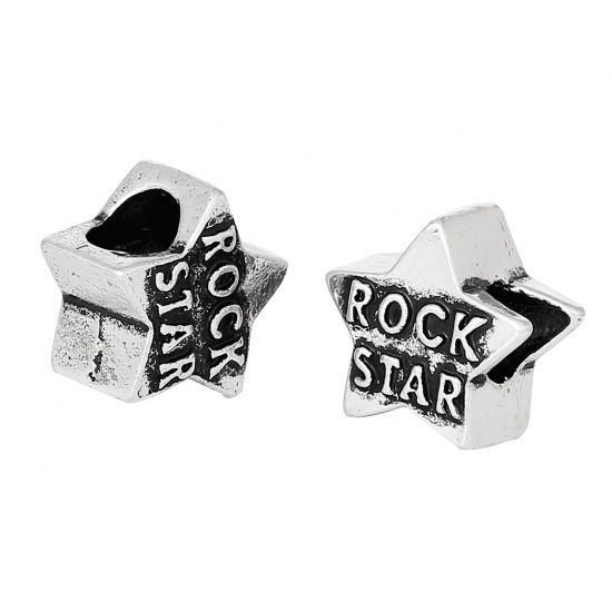 Immagine di Lega di Zinco Stile EuropeoFascino Perline Stella Argento Antico Lettere Scolpito " Rock Star Intagliato Circa 12mm x 12mm, Foro: Circa 5.2mm, 20 Pz