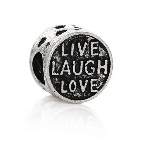 Picture of Zinc Metal Alloy European Style Large Hole Charm Beads Round Antique Silver Message "LIVE LAUGH LOVE" Carved About 12mm x 11mm, Hole: Approx 5mm, 10 PCs