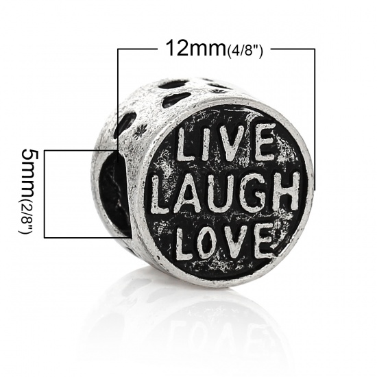 Picture of Zinc Metal Alloy European Style Large Hole Charm Beads Round Antique Silver Message "LIVE LAUGH LOVE" Carved About 12mm x 11mm, Hole: Approx 5mm, 10 PCs