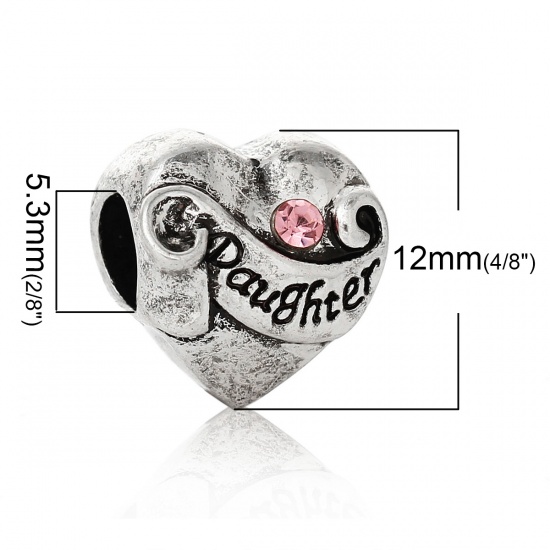 Picture of Zinc Metal Alloy European Style Large Hole Charm Beads Heart Antique Silver Message "Daughter" Carved Pink Rhinestone About 12mm x 12mm, Hole: Approx 5.3mm, 10 PCs