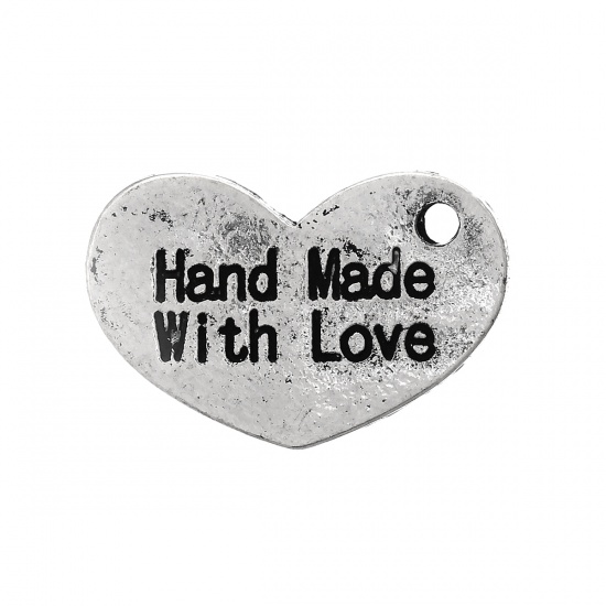Picture of Zinc Metal Alloy Charm Pendants Heart Antique Silver Message " Hand Made With Love " Carved 15mm( 5/8") x 10mm( 3/8"), 100 PCs
