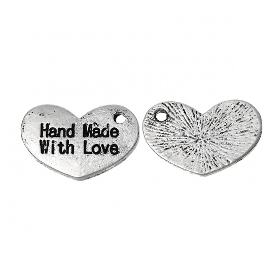 Picture of Zinc Metal Alloy Charm Pendants Heart Antique Silver Message " Hand Made With Love " Carved 15mm( 5/8") x 10mm( 3/8"), 100 PCs