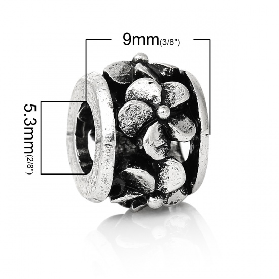 Picture of Zinc Metal Alloy European Style Large Hole Charm Beads Round Antique Silver Flower Carved About 12mm( 4/8") x 9mm( 3/8"), Hole: Approx 5.3mm, 10 PCs