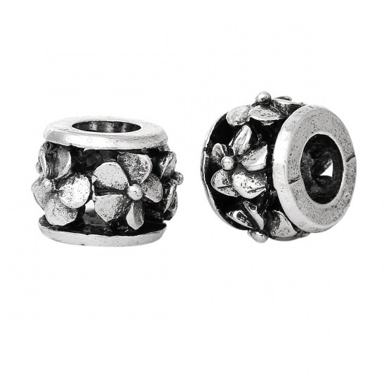 Picture of Zinc Metal Alloy European Style Large Hole Charm Beads Round Antique Silver Flower Carved About 12mm( 4/8") x 9mm( 3/8"), Hole: Approx 5.3mm, 10 PCs