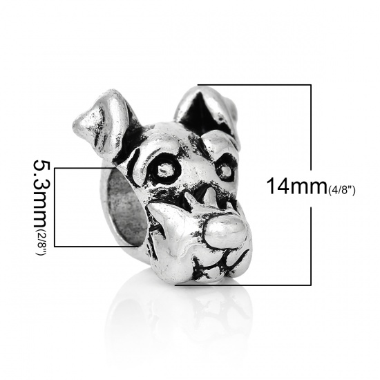 Picture of Zinc Metal Alloy European Style Large Hole Charm Beads Dog Head Antique Silver About 14mm x 12mm, Hole: Approx 5.3mm, 10 PCs
