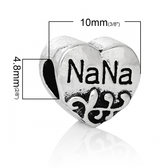 Picture of Zinc Metal Alloy European Style Large Hole Charm Beads Heart Antique Silver Vine & Message "Nana" Carved About 11mm( 3/8") x 10mm( 3/8"), Hole: Approx 4.8mm, 10 PCs