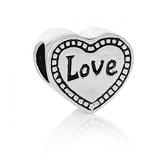 Immagine di Lega di Zinco Stile EuropeoFascino Perline Cuore Argento Antico Lettere Scolpito " LOVE Intagliato Circa 12mm x 11mm, Foro: Circa 5.4mm, 10 Pz