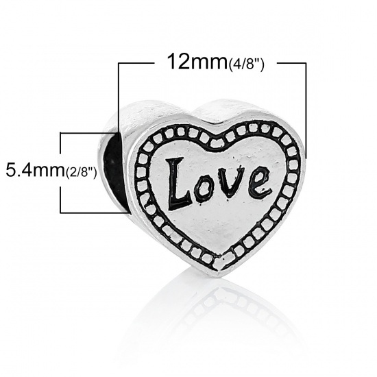 Picture of Zinc Metal Alloy European Style Large Hole Charm Beads Heart Antique Silver Message "LOVE" Carved About 12mm x 11mm, Hole: Approx 5.4mm, 10 PCs