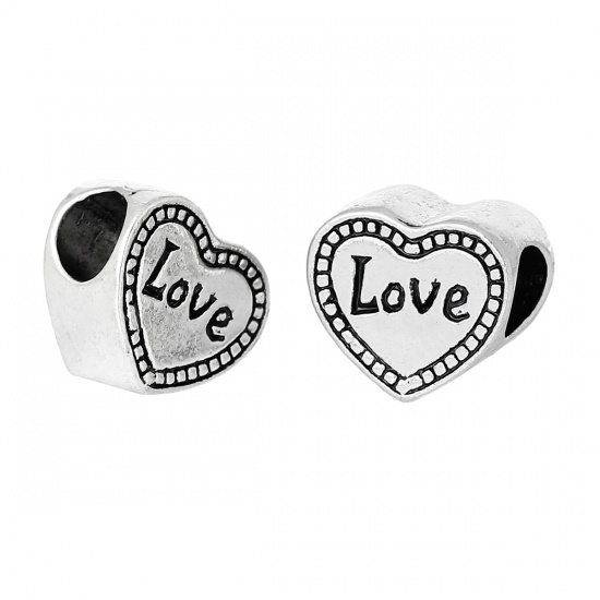 Picture of Zinc Metal Alloy European Style Large Hole Charm Beads Heart Antique Silver Message "LOVE" Carved About 12mm x 11mm, Hole: Approx 5.4mm, 10 PCs