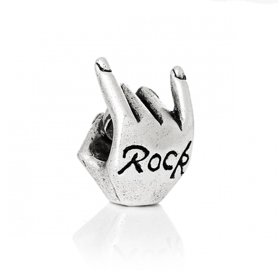 Picture of Zinc Metal Alloy European Style Large Hole Charm Beads Hamsa Symbol Hand Antique Silver Message "Rock" Carved About 16mm( 5/8") x 10mm( 3/8"), Hole: Approx 5.2mm, 10 PCs