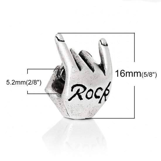 Picture of Zinc Metal Alloy European Style Large Hole Charm Beads Hamsa Symbol Hand Antique Silver Message "Rock" Carved About 16mm( 5/8") x 10mm( 3/8"), Hole: Approx 5.2mm, 10 PCs