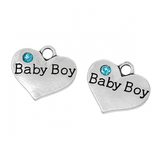 Picture of Zinc Based Alloy Charms Heart Antique Silver Message " Baby Boy " Carved Skyblue Rhinestone 16mm( 5/8") x 14mm( 4/8"), 20 PCs