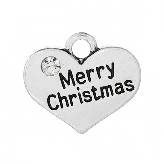 Bild von Legierung + Strass Charm Anhänger Herz Antiksilber Message " Merry Christmas " Transparent Strass mit Strass 17mm x 14mm, 20 Stücke