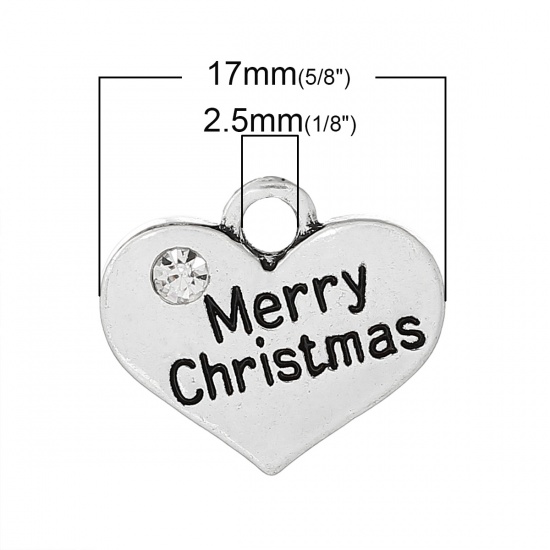 Bild von Legierung + Strass Charm Anhänger Herz Antiksilber Message " Merry Christmas " Transparent Strass mit Strass 17mm x 14mm, 20 Stücke