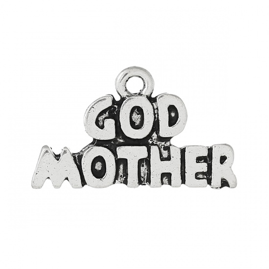 Immagine di Lega di Zinco Charm Ciondoli Lettera Argento Antico Lettere Scolpito " God Mother " 22mm x 13mm , 50 Pz
