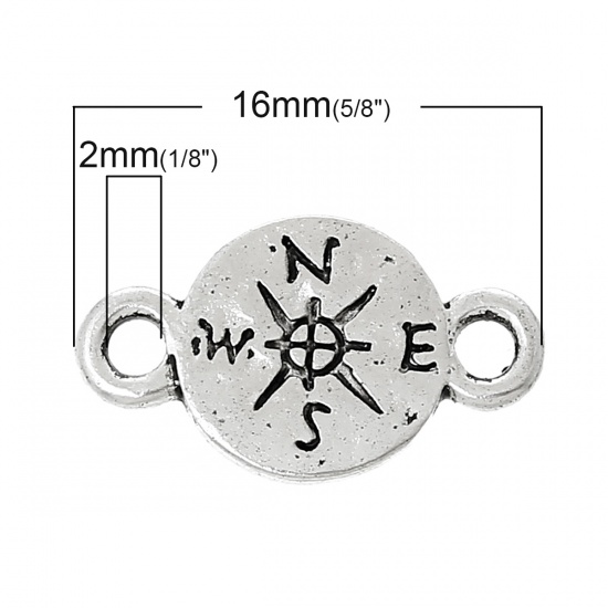 Picture of Zinc Based Alloy Connectors Round Antique Silver Travel Compass Pattern 16mm x 9mm, 50 PCs
