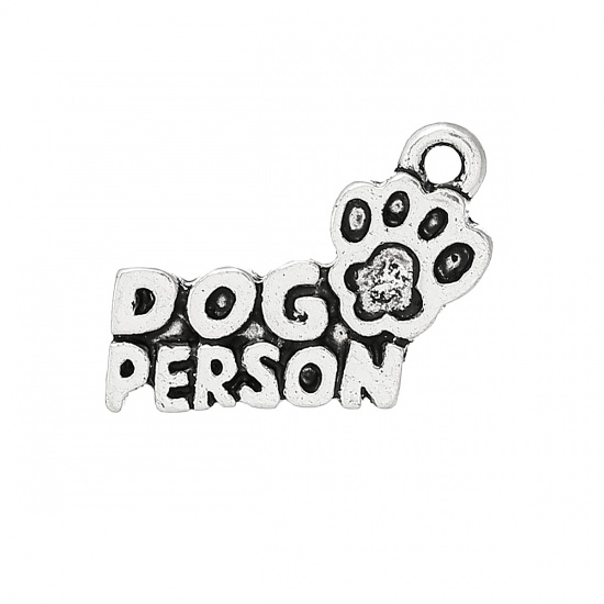 Picture of Zinc Based Alloy Charms Dog's Paw Antique Silver Color Message " Dog Person " Carved 18mm( 6/8") x 13mm( 4/8"), 50 PCs