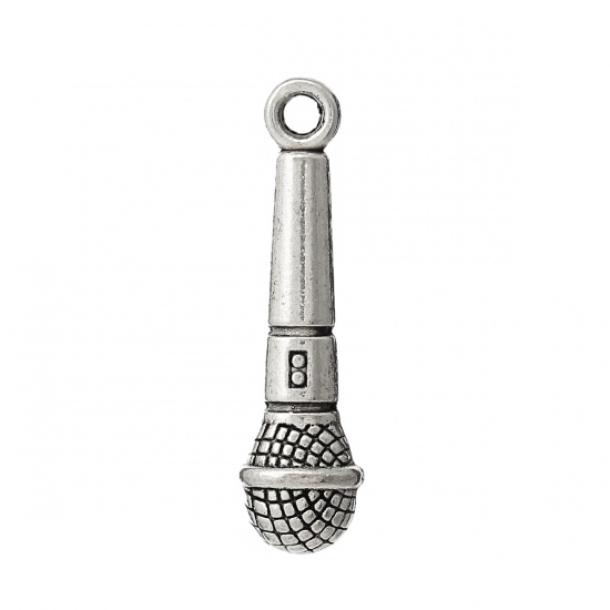 Picture of Zinc Metal Alloy Charm Pendants Microphone Antique Silver Color 27mm(1 1/8") x 7mm( 2/8"), 50 PCs
