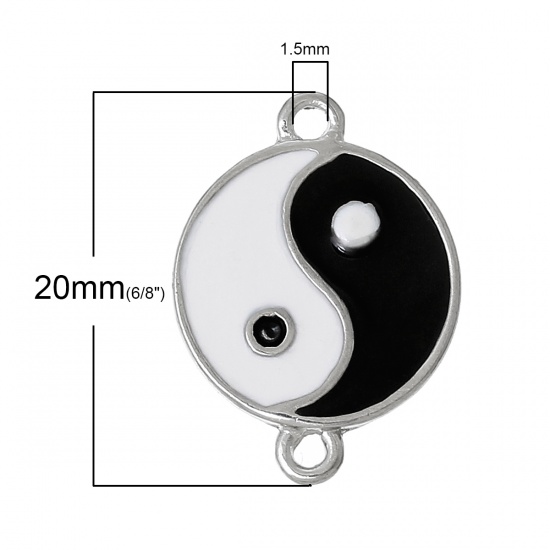 Picture of Zinc Based Alloy Connectors Findings Round Silver Tone Yin Yang Symbol White & Black Enamel 20mm x 15mm, 10 PCs