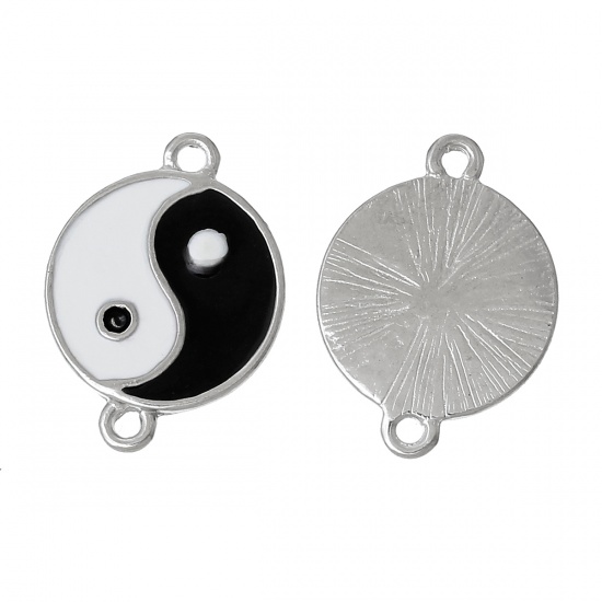 Picture of Zinc Based Alloy Connectors Findings Round Silver Tone Yin Yang Symbol White & Black Enamel 20mm x 15mm, 10 PCs
