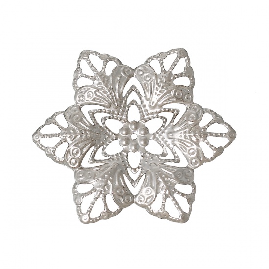 Image de Cabochons d'Embellissement Estampe en Filigrane Creux en Alliage de Fer Fleurs Gravé Argent Mat 3.5cm x 3cm, 100 Pcs