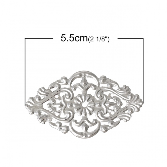 Picture of Embellishments Findings Filigree Stamping Wraps Connectors Rhombus Silver Tone 5.5cm x 3.2cm(2 1/8" x1 2/8"),100 PCs