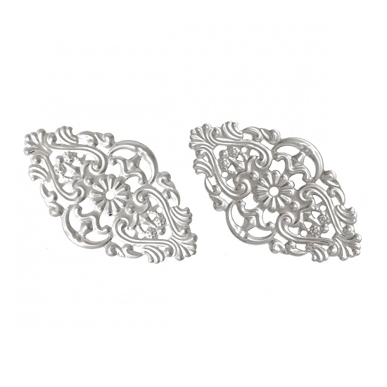 Picture of Embellishments Findings Filigree Stamping Wraps Connectors Rhombus Silver Tone 5.5cm x 3.2cm(2 1/8" x1 2/8"),100 PCs