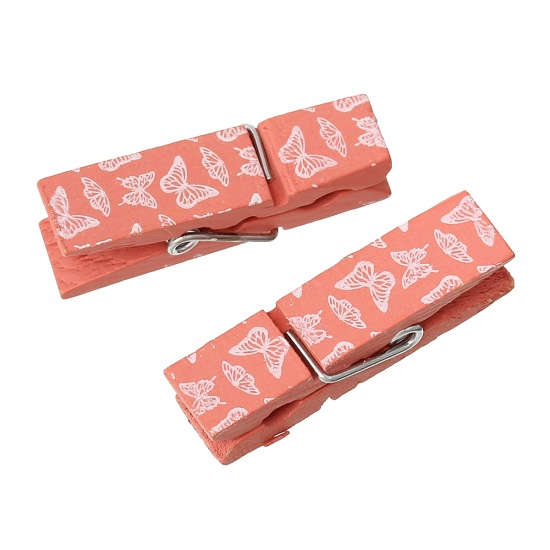 Picture of Wood Photo Paper Clothes Clothespin Clips Note Pegs Peachy Beige Butterfly Pattern 4.5cm x 1.4cm(1 6/8" x 4/8"), 20 PCs