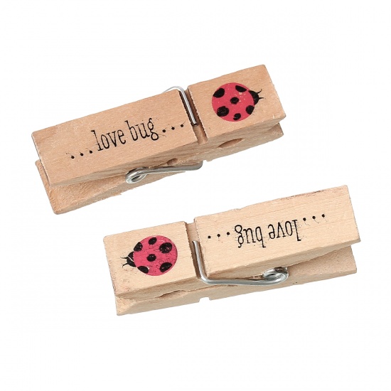 Picture of Natural Wood Photo Paper Clothes Clothespin Clips Note Pegs Ladybird Pattern 4.5cm x 1.4cm(1 6/8" x 4/8"), 20 PCs