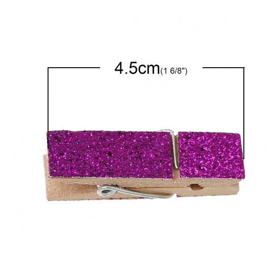 Picture of Wood Photo Paper Clothes Clothespin Clips Note Pegs Dark Purple Glitter 4.5cm x 1.4cm(1 6/8" x 4/8"), 10 PCs