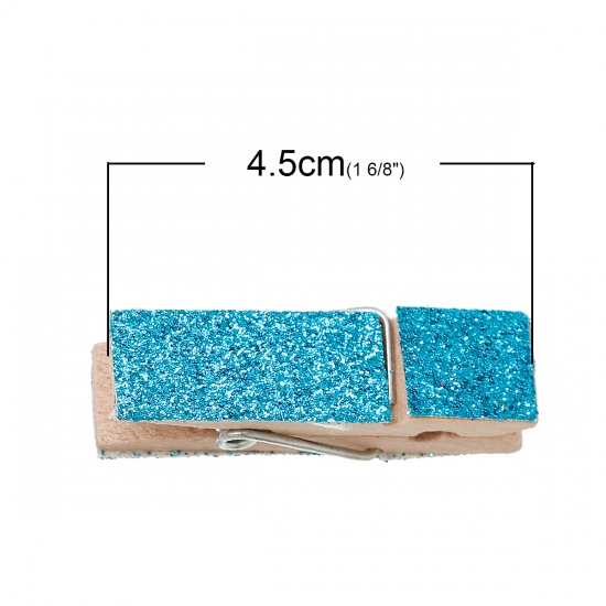 Picture of Wood Clothespin Clips Note Pegs Lake blue Glitter 4.5cm x 1.4cm(1 6/8" x 4/8"), 10 PCs