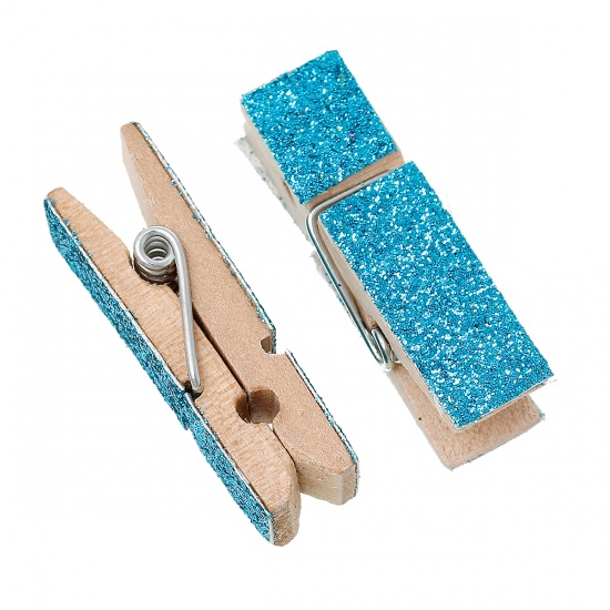Picture of Wood Clothespin Clips Note Pegs Lake blue Glitter 4.5cm x 1.4cm(1 6/8" x 4/8"), 10 PCs