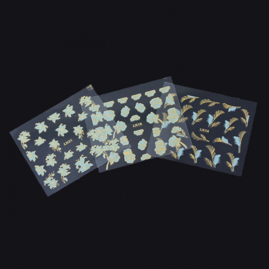 Picture of Plastic Nail Art Stickers Decoration At Random Flower Skyblue & Golden 6.3cm x5.2cm(2 4/8" x2"), 1 Packet (Approx 24 Sheets)