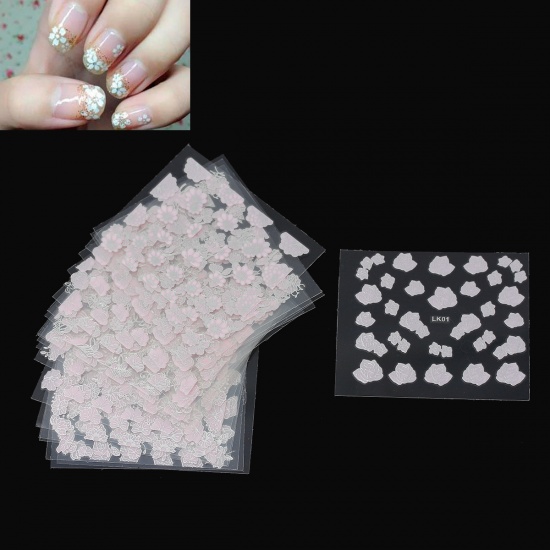 Picture of Plastic Nail Art Stickers Decoration At Random Flower Pink & Silver 6.3cm x5.2cm(2 4/8" x2"), 1 Packet (Approx 30 Sheets)