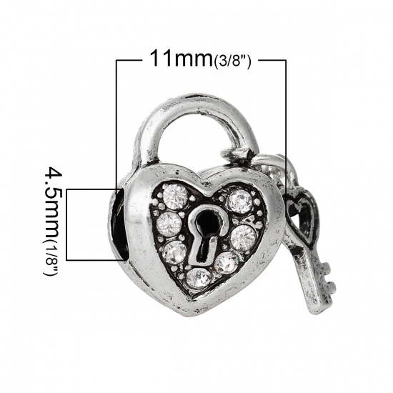 Picture of Zinc Metal Alloy European Style Large Hole Charm Beads Heart Lock & Key Antique Silver Clear Rhinestone 26mm x 11mm, 10 PCs