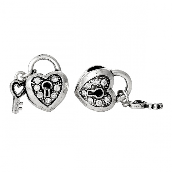 Picture of Zinc Metal Alloy European Style Large Hole Charm Beads Heart Lock & Key Antique Silver Clear Rhinestone 26mm x 11mm, 10 PCs