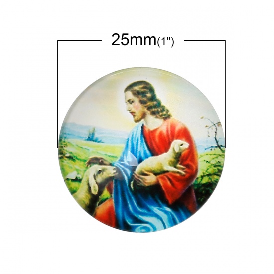 Immagine di Vetro Cupola Cabochon Cabochon per Abbellimento Tondo Flatback Multicolore Religione Disegno 25mm Dia, 30 Pz