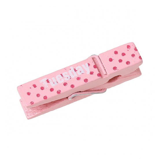 Picture of Wood Photo Paper Clothes Clothespin Clips Note Pegs Pink Dot Message "Tuesday" Pattern 3.6cm x0.9cm(1 3/8" x 3/8"), 50 PCs